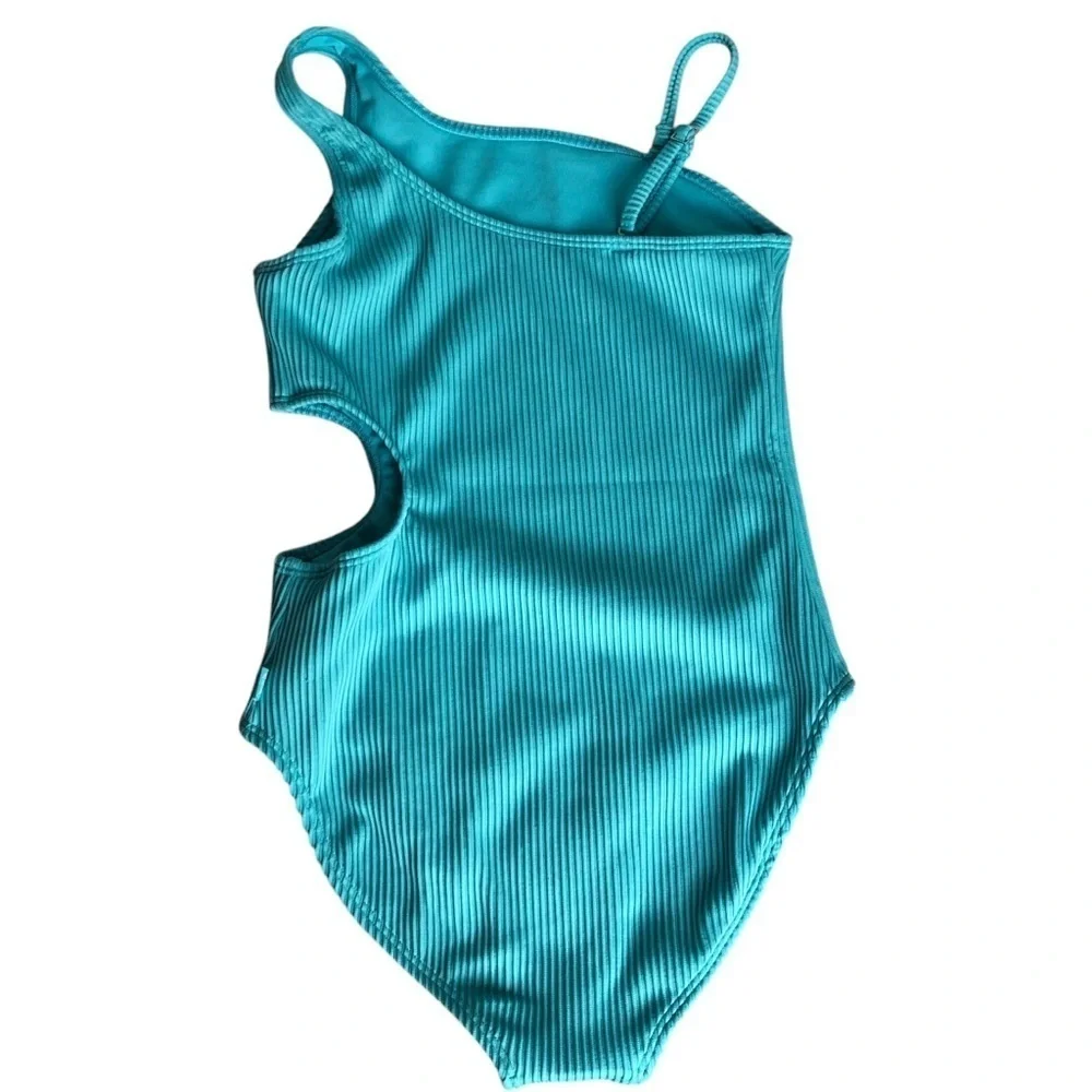 Abercrombie Kids Swimwear One-Shoulder Swimsuit Ribbed Cut Out Teal Size 11/12